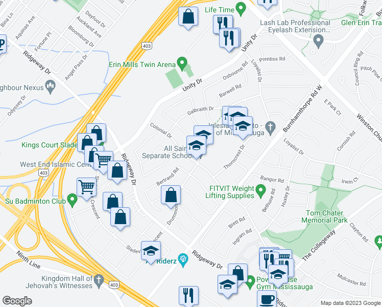 map of restaurants, bars, coffee shops, grocery stores, and more near 4127 Colonial Drive in Mississauga
