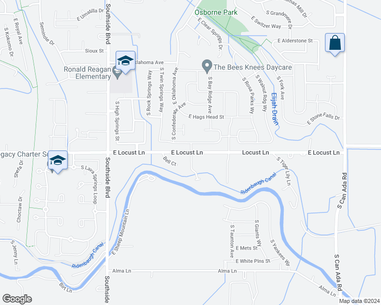 map of restaurants, bars, coffee shops, grocery stores, and more near 3651 East Locust Lane in Nampa