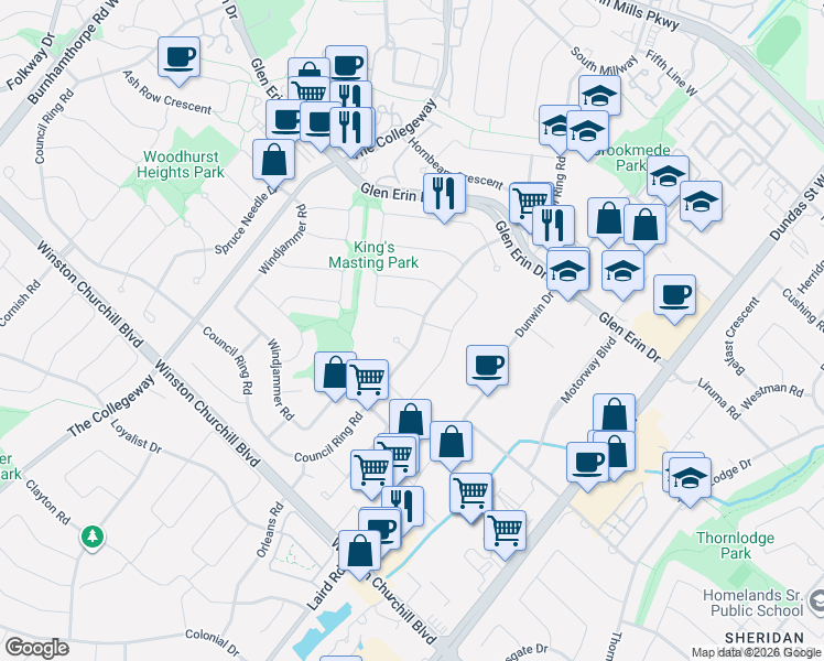 map of restaurants, bars, coffee shops, grocery stores, and more near 2485 Council Ring Road in Mississauga