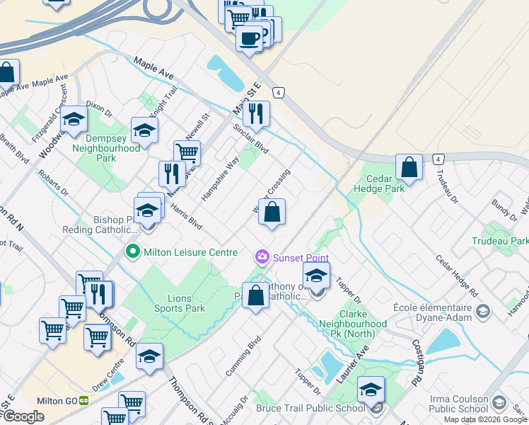 map of restaurants, bars, coffee shops, grocery stores, and more near 100 Panton Trail in Milton