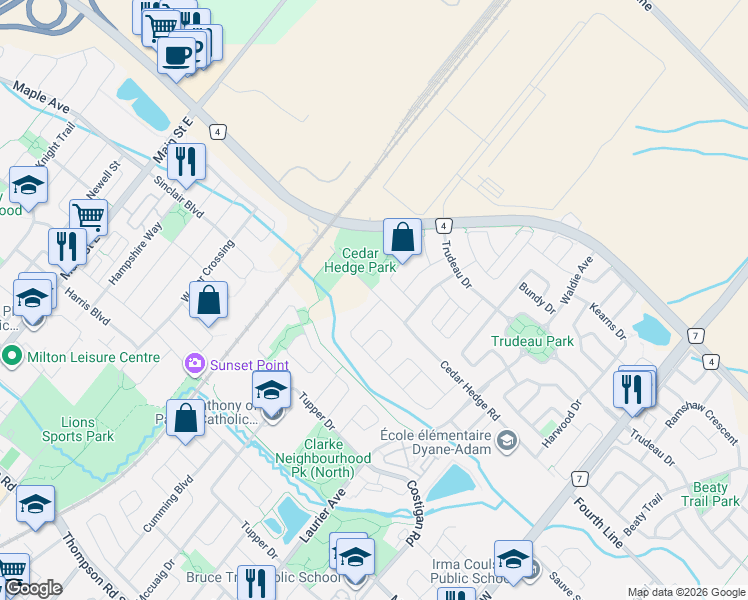 map of restaurants, bars, coffee shops, grocery stores, and more near 300 McGibbon Drive in Milton