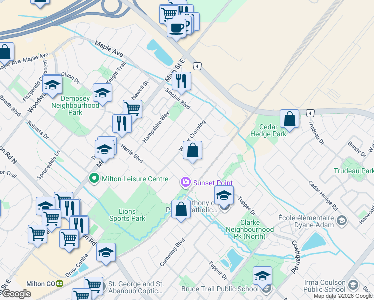 map of restaurants, bars, coffee shops, grocery stores, and more near 100 Panton Trail in Milton