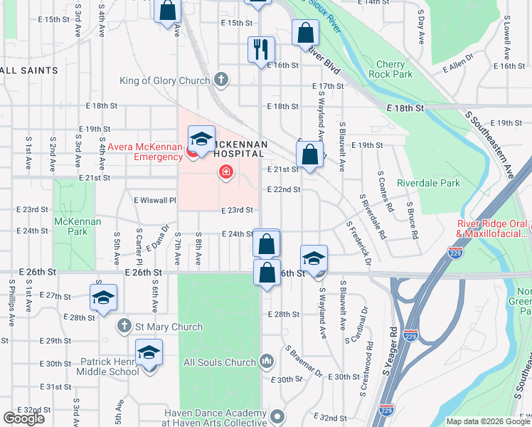 map of restaurants, bars, coffee shops, grocery stores, and more near 1592 South Cliff Avenue in Sioux Falls