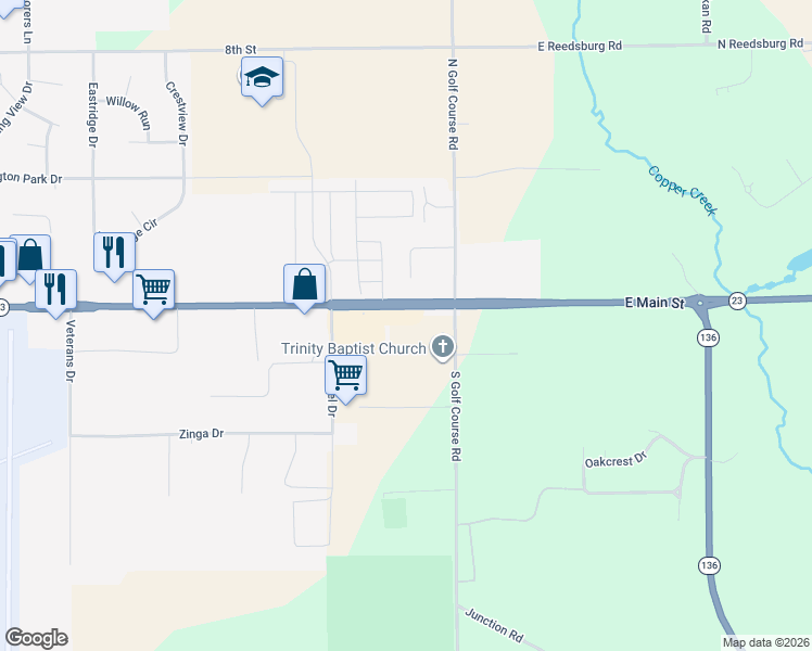 map of restaurants, bars, coffee shops, grocery stores, and more near E7067 State Road 23 And 33 in Reedsburg