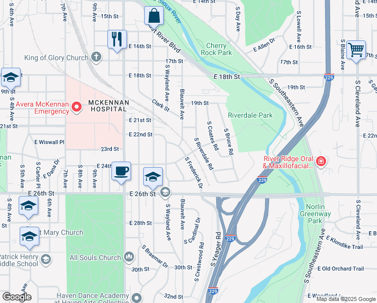 map of restaurants, bars, coffee shops, grocery stores, and more near 1512-1516 East 24th Street in Sioux Falls