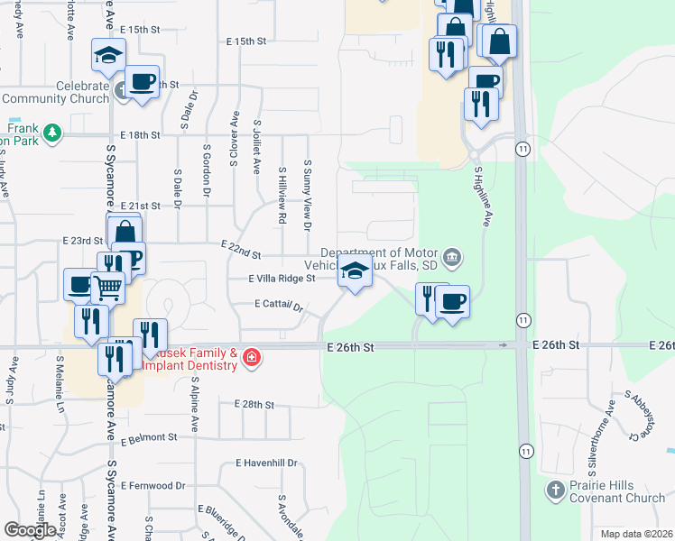 map of restaurants, bars, coffee shops, grocery stores, and more near 1710 South Foss Avenue in Sioux Falls