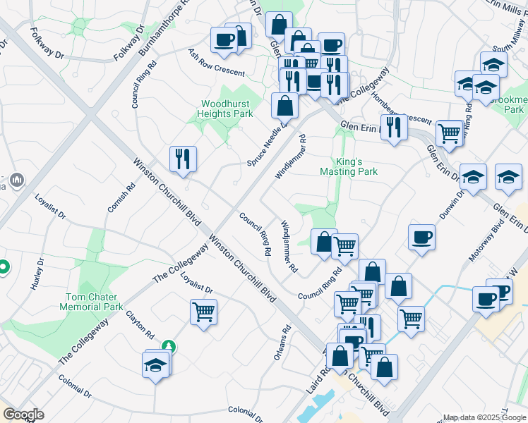 map of restaurants, bars, coffee shops, grocery stores, and more near 2625 Roblo Road in Mississauga