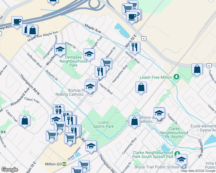 map of restaurants, bars, coffee shops, grocery stores, and more near in Milton