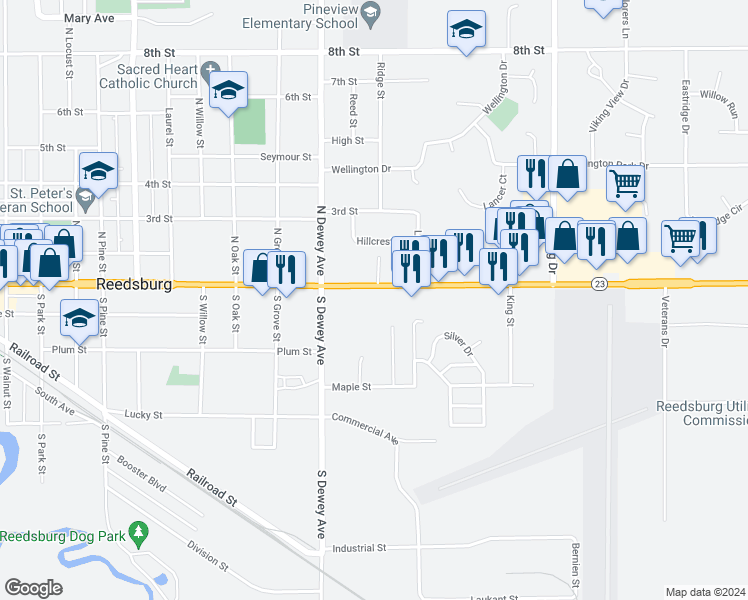 map of restaurants, bars, coffee shops, grocery stores, and more near 1136 East Main Street in Reedsburg