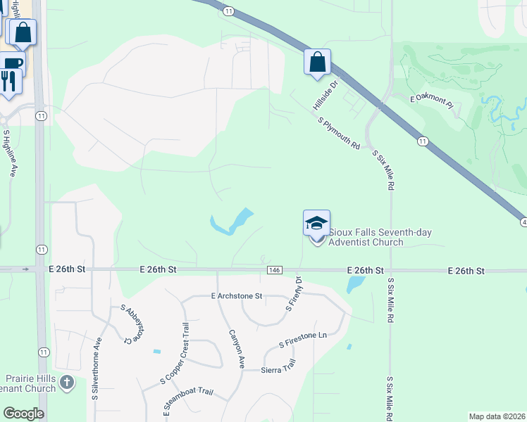 map of restaurants, bars, coffee shops, grocery stores, and more near 1501-1699 S Gray Goose Cir in Sioux Falls