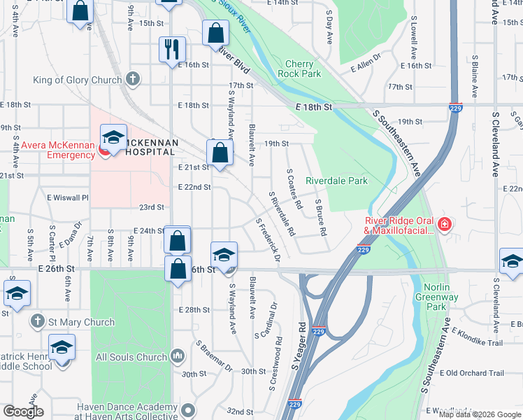 map of restaurants, bars, coffee shops, grocery stores, and more near 1512-1516 East 24th Street in Sioux Falls