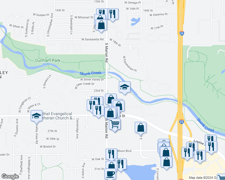 map of restaurants, bars, coffee shops, grocery stores, and more near 1600 South Marion Road in Sioux Falls
