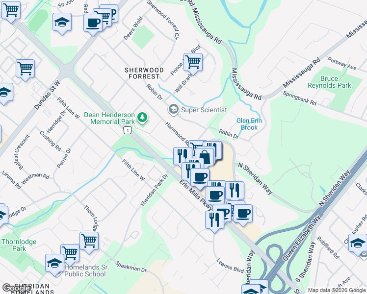 map of restaurants, bars, coffee shops, grocery stores, and more near 2349 Marisa Court in Mississauga