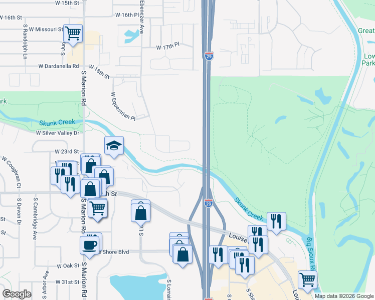 map of restaurants, bars, coffee shops, grocery stores, and more near West Graceland Place in Sioux Falls