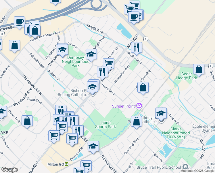map of restaurants, bars, coffee shops, grocery stores, and more near 1208 Main Street East in Milton