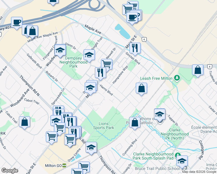 map of restaurants, bars, coffee shops, grocery stores, and more near in Milton