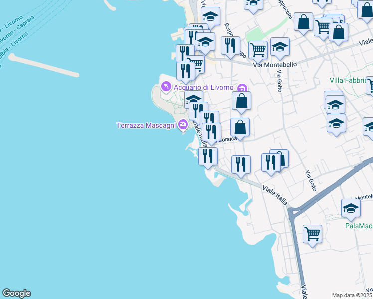 map of restaurants, bars, coffee shops, grocery stores, and more near 56 Viale Italia in Livorno