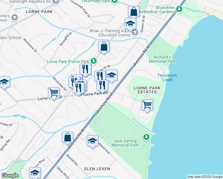 map of restaurants, bars, coffee shops, grocery stores, and more near 1005 Lorne Park Road in Mississauga