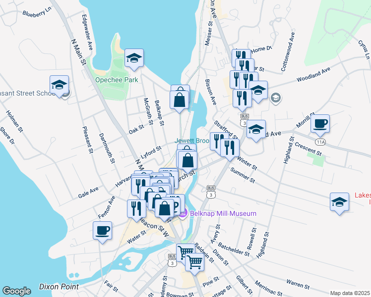map of restaurants, bars, coffee shops, grocery stores, and more near 40 Messer Street in Laconia