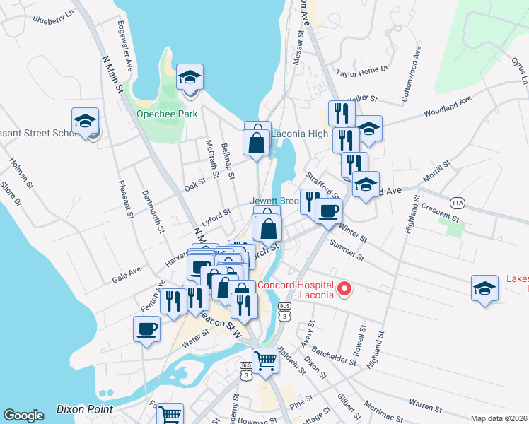 map of restaurants, bars, coffee shops, grocery stores, and more near 40 Messer Street in Laconia