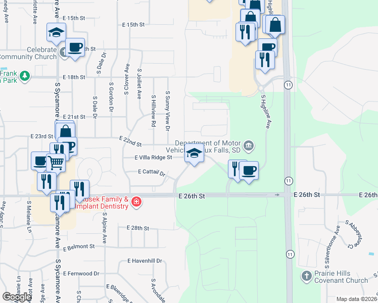 map of restaurants, bars, coffee shops, grocery stores, and more near 1710 South Foss Avenue in Sioux Falls