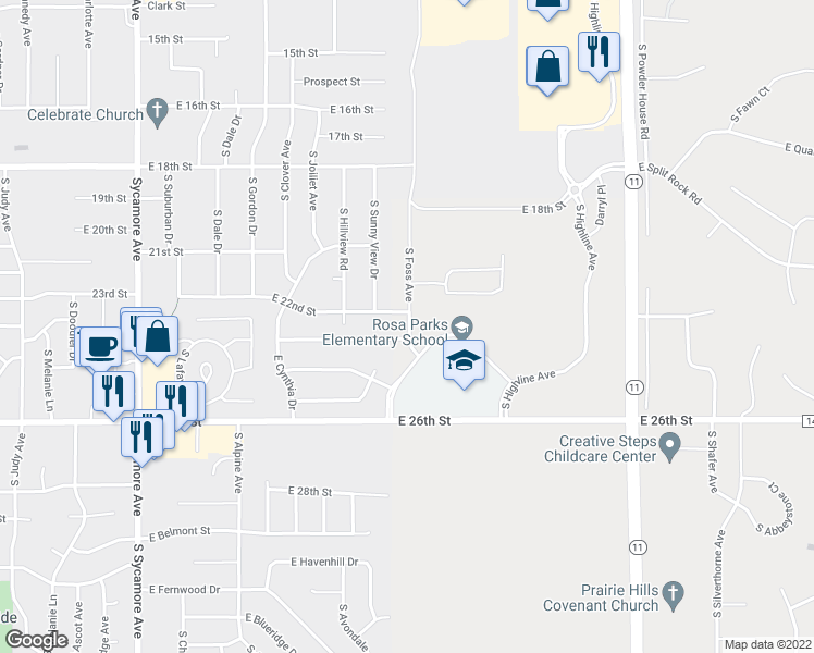 map of restaurants, bars, coffee shops, grocery stores, and more near 5213 East Villa Ridge Street in Sioux Falls