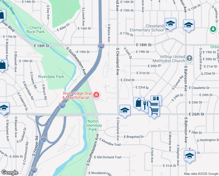 map of restaurants, bars, coffee shops, grocery stores, and more near 1651 South Cleveland Avenue in Sioux Falls