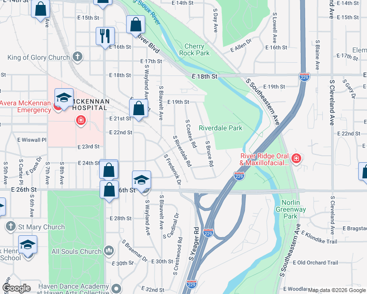 map of restaurants, bars, coffee shops, grocery stores, and more near 1501-1599 South Riverdale Road in Sioux Falls
