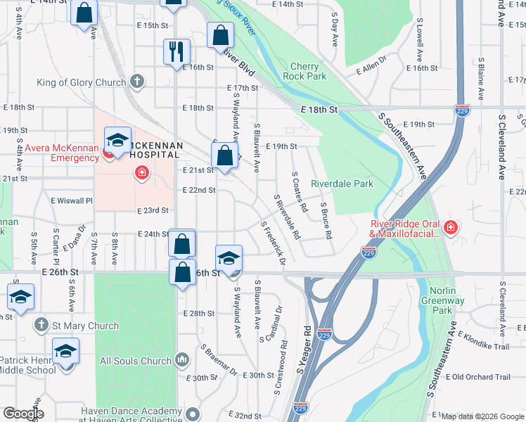 map of restaurants, bars, coffee shops, grocery stores, and more near 1512-1516 East 24th Street in Sioux Falls