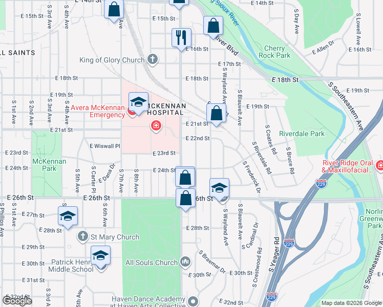 map of restaurants, bars, coffee shops, grocery stores, and more near 1592-1686 S Cliff Ave in Sioux Falls