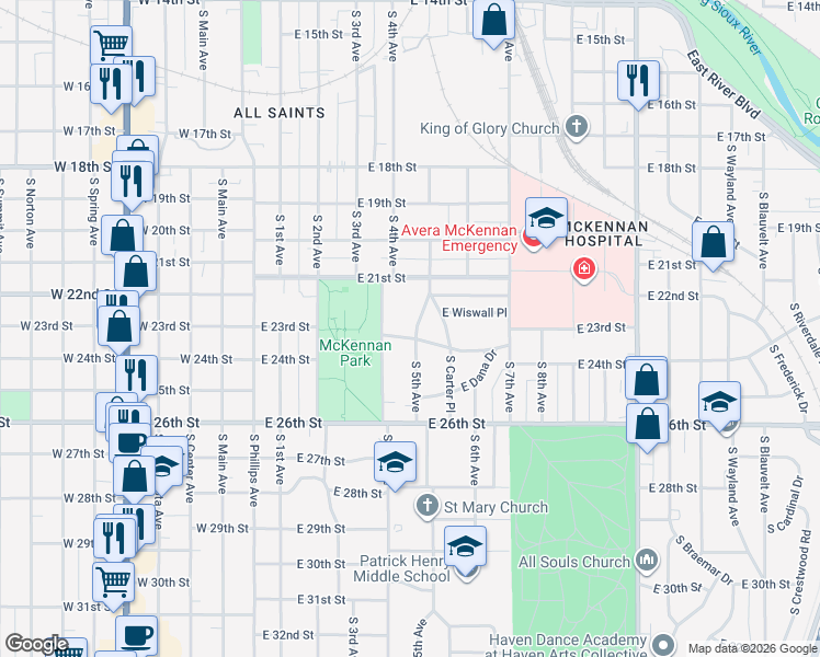 map of restaurants, bars, coffee shops, grocery stores, and more near 1603 South 5th Avenue in Sioux Falls