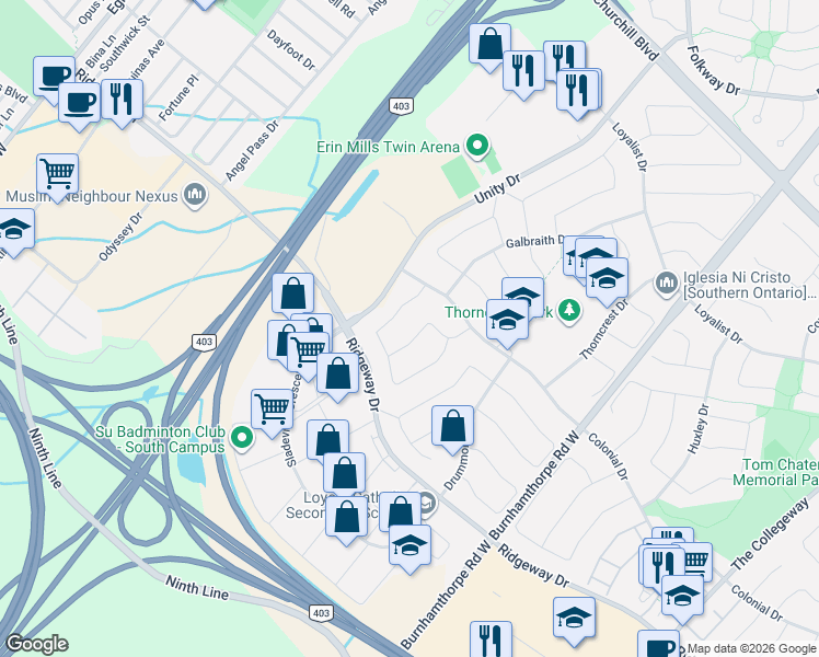 map of restaurants, bars, coffee shops, grocery stores, and more near 3377 Hargrove Road in Mississauga