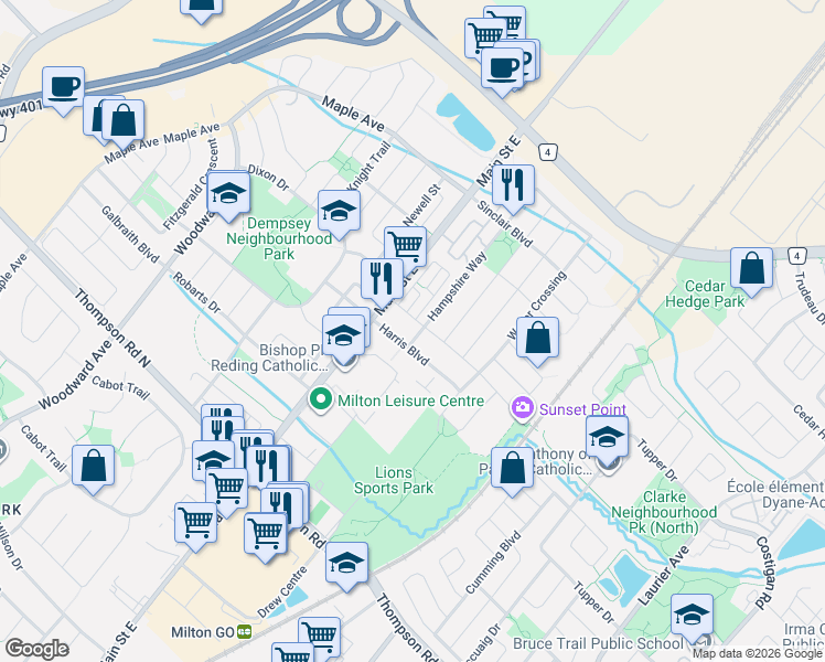map of restaurants, bars, coffee shops, grocery stores, and more near 1206 Main Street East in Milton