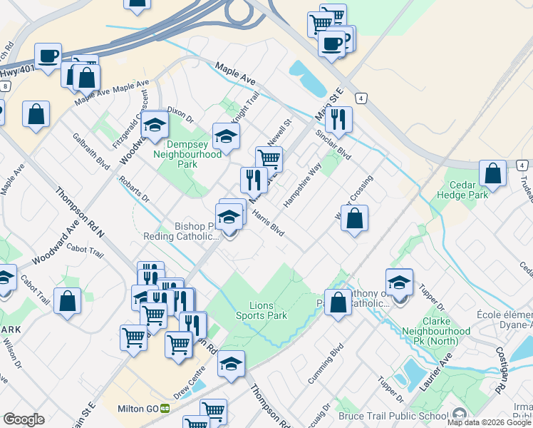 map of restaurants, bars, coffee shops, grocery stores, and more near 1208 Main Street East in Milton