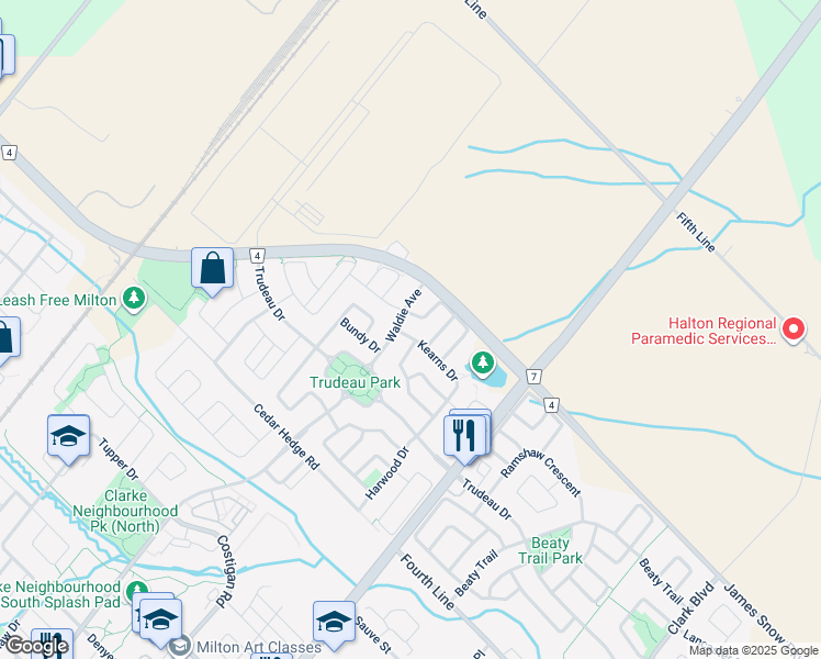 map of restaurants, bars, coffee shops, grocery stores, and more near 452 Kearns Drive in Milton