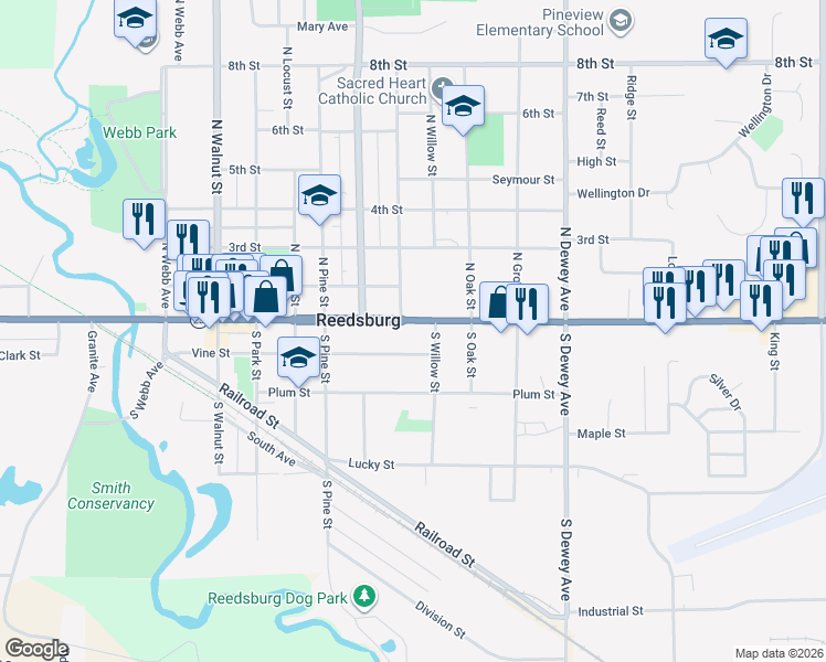 map of restaurants, bars, coffee shops, grocery stores, and more near 200 South Willow Street in Reedsburg