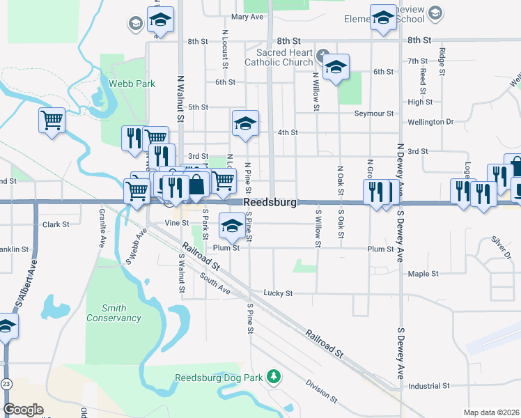 map of restaurants, bars, coffee shops, grocery stores, and more near 527 Vine Street in Reedsburg