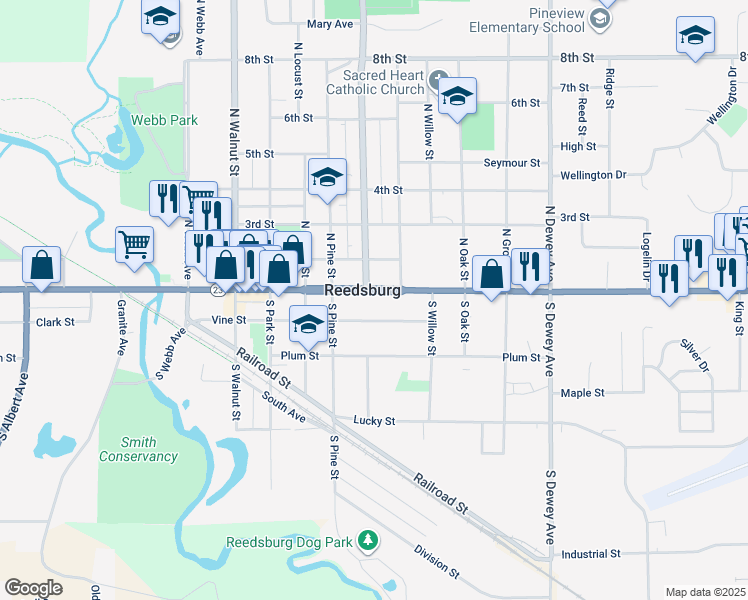 map of restaurants, bars, coffee shops, grocery stores, and more near 612 East Main Street in Reedsburg