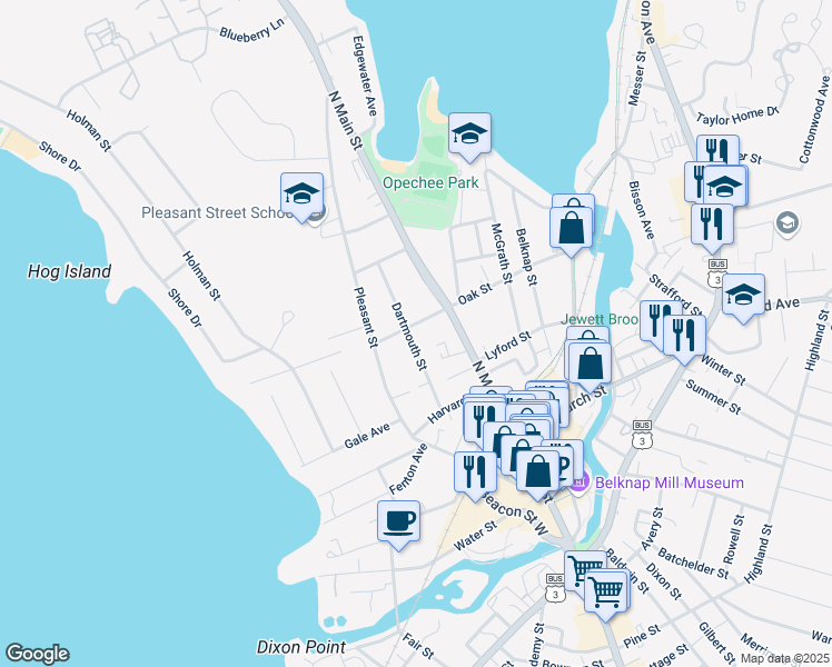 map of restaurants, bars, coffee shops, grocery stores, and more near 52 Dartmouth Street in Laconia