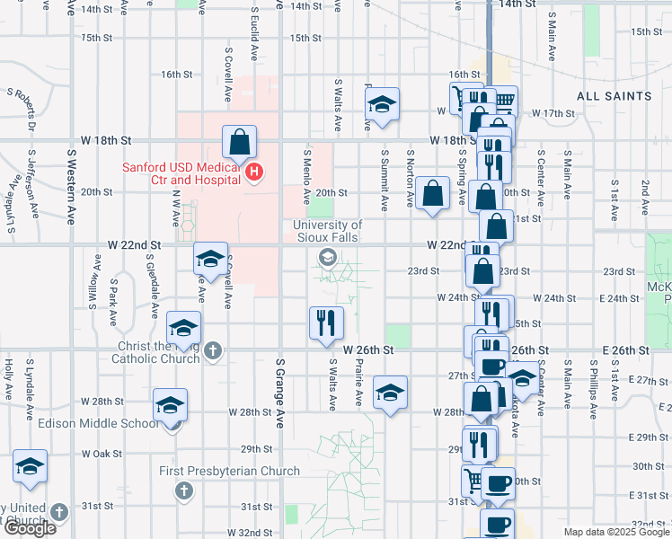 map of restaurants, bars, coffee shops, grocery stores, and more near 1101 West 22nd Street in Sioux Falls