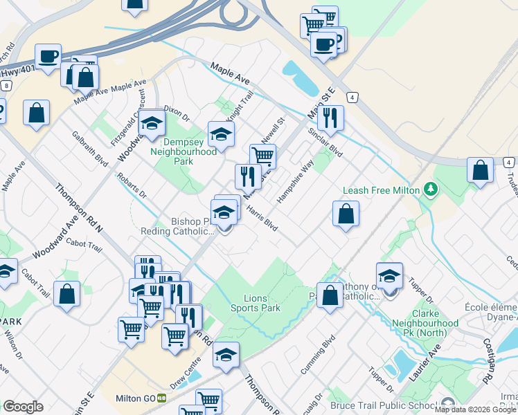 map of restaurants, bars, coffee shops, grocery stores, and more near 1208 Main Street East in Milton