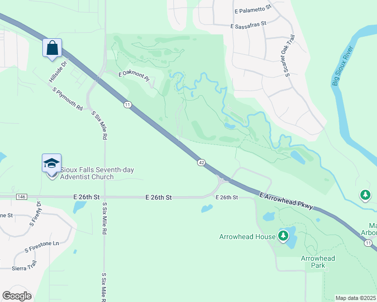 map of restaurants, bars, coffee shops, grocery stores, and more near 7900 East Arrowhead Parkway in Sioux Falls