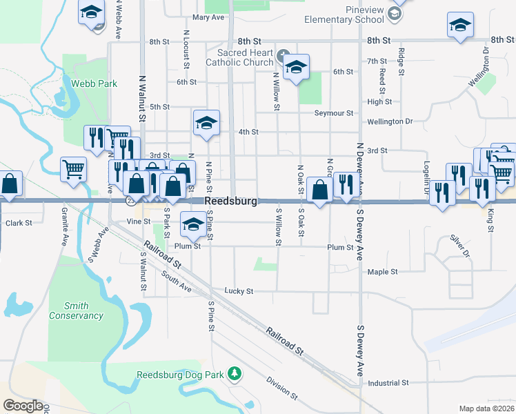 map of restaurants, bars, coffee shops, grocery stores, and more near 630 Vine Street in Reedsburg