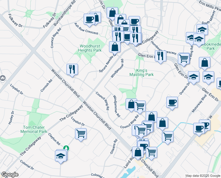 map of restaurants, bars, coffee shops, grocery stores, and more near 2625 Roblo Road in Mississauga