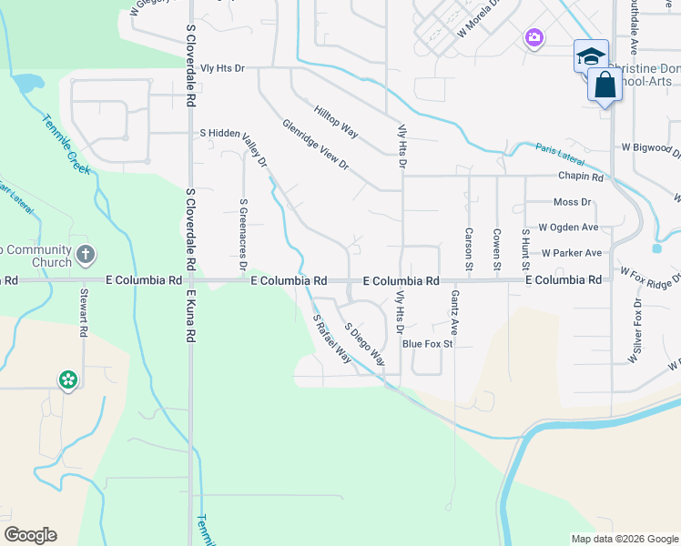 map of restaurants, bars, coffee shops, grocery stores, and more near 7633 South Hidden Valley Drive in Boise