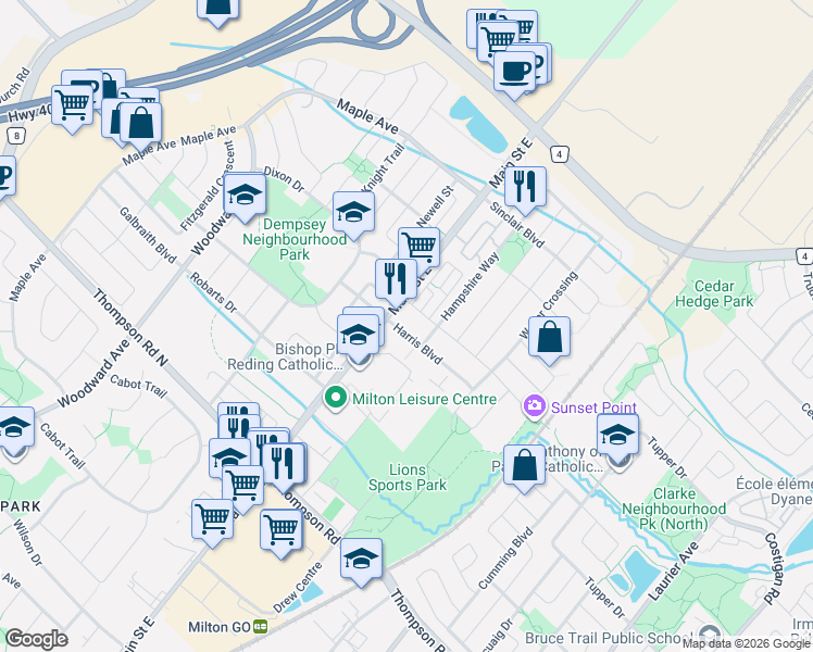 map of restaurants, bars, coffee shops, grocery stores, and more near 1210 Main Street East in Milton