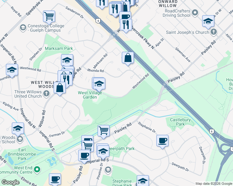 map of restaurants, bars, coffee shops, grocery stores, and more near 70 Rhonda Road in Guelph