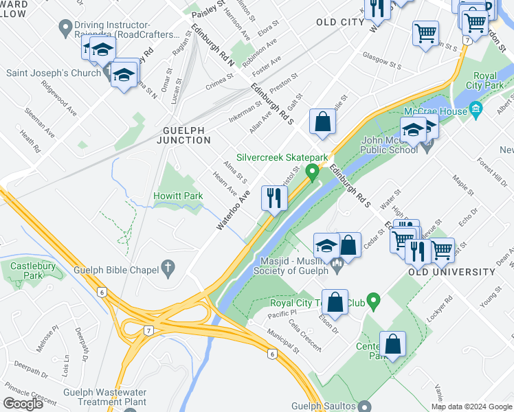map of restaurants, bars, coffee shops, grocery stores, and more near 267 Bristol Street in Guelph