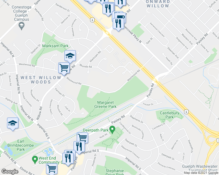 map of restaurants, bars, coffee shops, grocery stores, and more near 70 Rhonda Road in Guelph