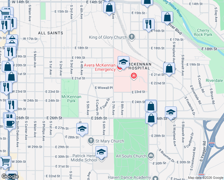 map of restaurants, bars, coffee shops, grocery stores, and more near 714 East Wiswall Place in Sioux Falls